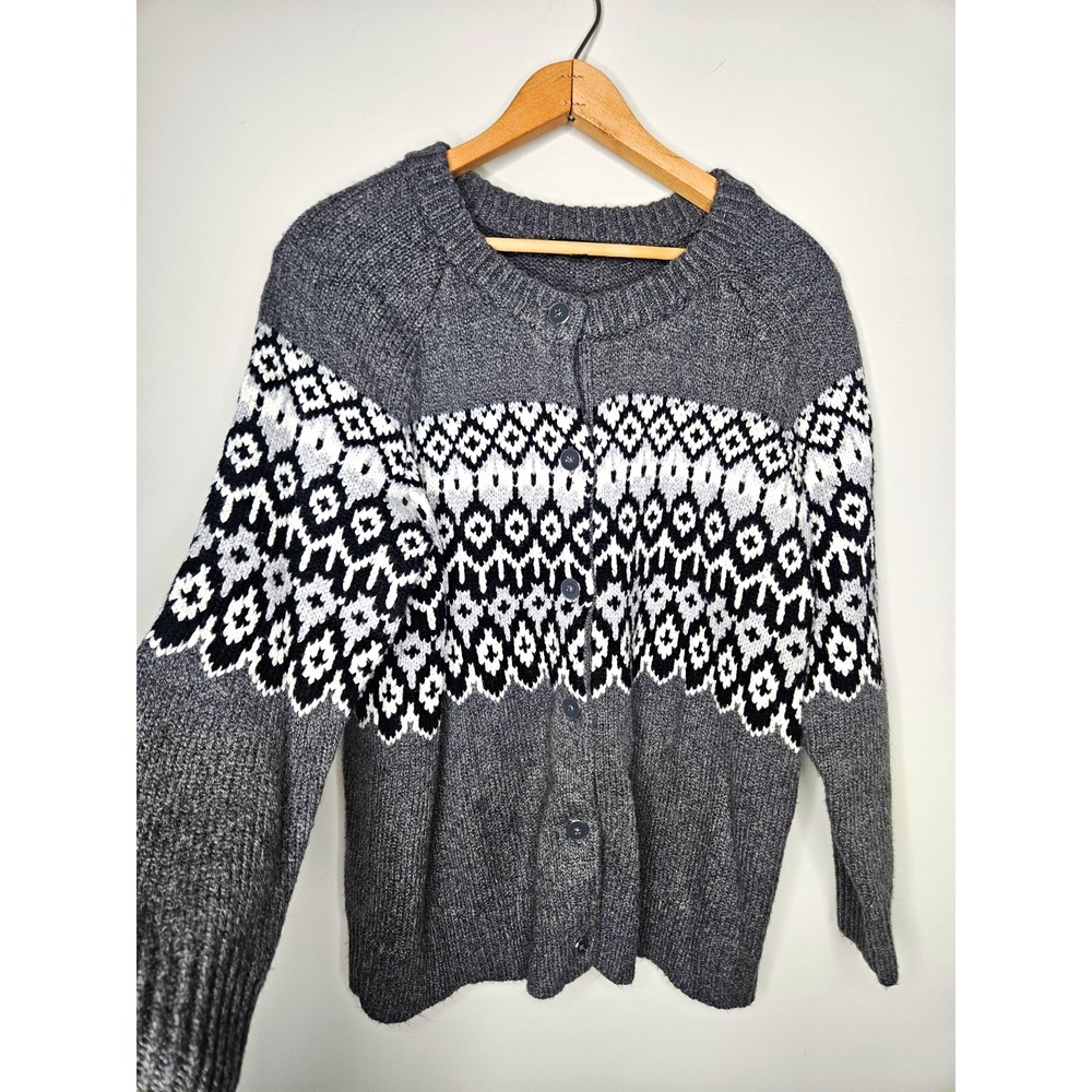 Talbots Sweater 1XP Gray Fair Isle Knit Button Front Cardigan Cotton Prep Nordic